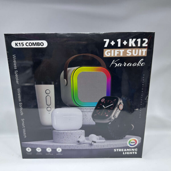 Combo K15 Karaoke Gift Suit – Parlante RGB + Smartwatch Ultra + AirPods Pro 2 + Micrófono + Manillas