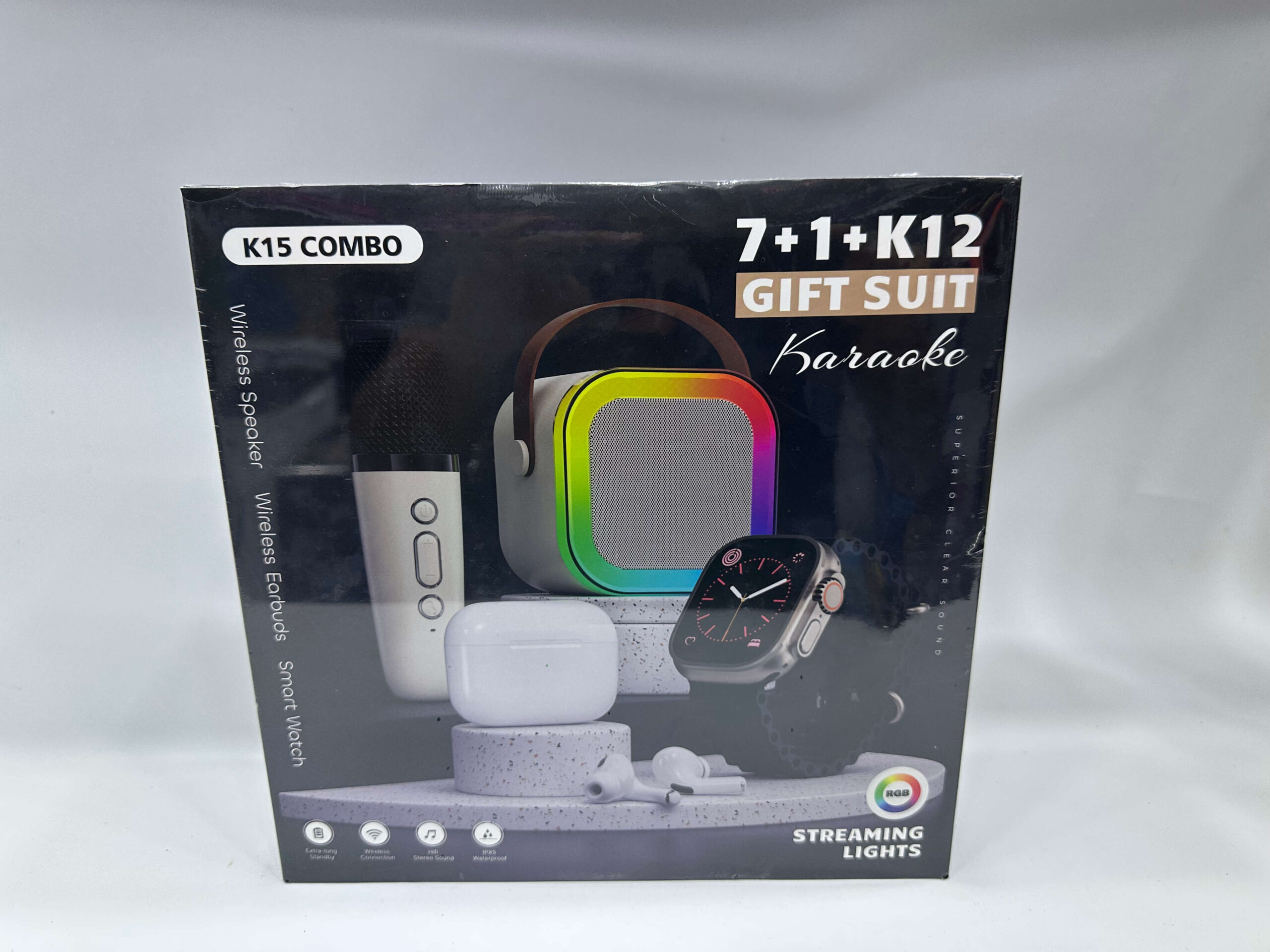 CJPMP-1 Combo K15 Karaoke Gift Suit – Parlante RGB + Smartwatch Ultra + AirPods Pro 2 + Micrófono + Manillas - Imagen 1
